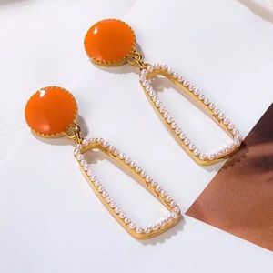 Anthropologie Gold Plated Orange Enamel Pearl Cutout Drop Earrings